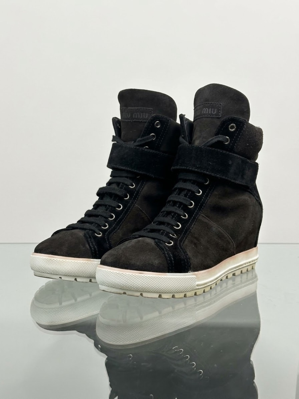 Miu Miu Black Suede Wedge Sneaker Boots